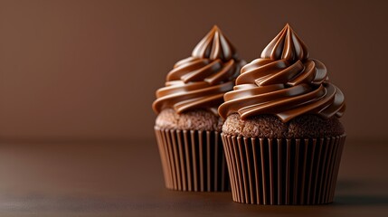 Wall Mural - Delicious chocolate cupcakes with creamy frosting, perfect for desserts and celebrations, displayed against a brown background.