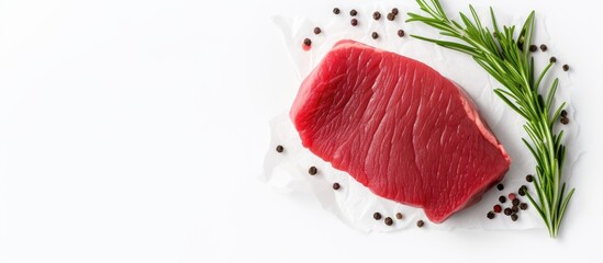 Poster - Top-down view of a fresh tuna fillet steak isolated on a white background with space for text alongside it (flat lay image). with copy space image. Place for adding text or design