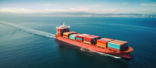Poster - Container cargo ship sailing on the ocean, viewed from above with available copy space image.