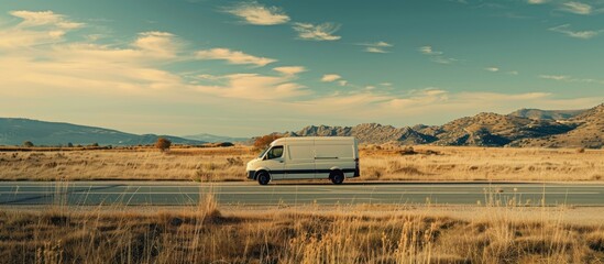 Poster - delivery van on a road during delivery. Copy space image. Place for adding text or design