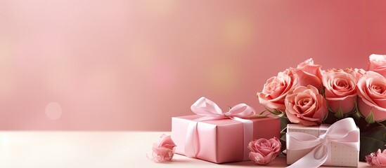 Aufkleber - Background design for Valentine's Day and Mother's Day, featuring pink roses, carnations, and a gift box on a pink table with copy space image.