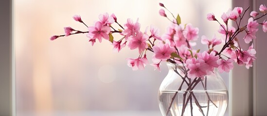 Poster - Close-up of pink blooming branches in a glass vase in front of a window with copy space image.