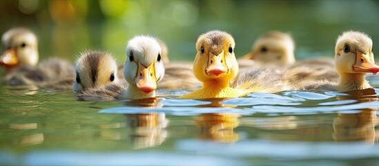 Poster - Small mallard duckling swimming with chickens in water with copy space image available.
