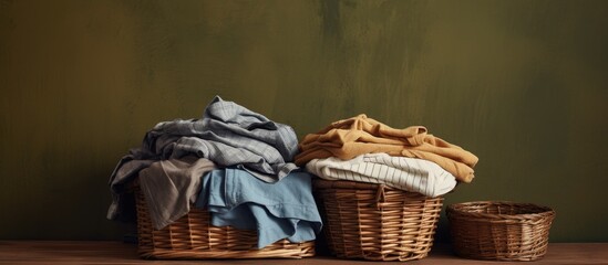 Aufkleber - Homey scene with a basket of freshly laundered clothes on a table, ideal for adding text; includes copy space image.