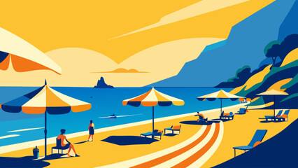 Wall Mural - Idyllic Beach Escape: Tranquil Shores with Vibrant Sunset and Parasols