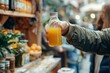 © Sourav Mittal - Close up of hands passing bottle with fresh juice to customer at store counter, focus on hand and drink closeup. Young man selling orange liquid in glass jar for businessman during market day, blurred