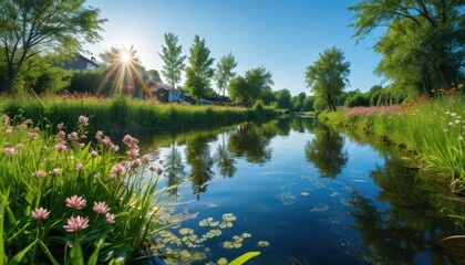 Sticker - Tranquil River Scene with Sunbeams and Green Trees.