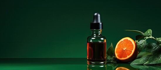 Poster - A dark bottle with a dropper containing Mandarin oil set against a green backdrop with copy space image.