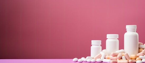 Poster - Various pills, tablets, and a white bottle on a pink background, providing ample copy space for text.