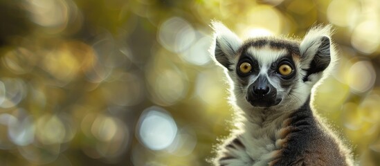 Aufkleber - Blurry backdrop with a charming ring-tailed lemur in a close-up portrait, providing room for text in the image. with copy space image. Place for adding text or design