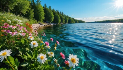 Poster - Summer Lake with Flowers.