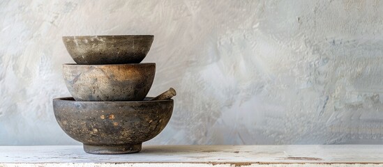 Aufkleber - Stacked bowls and mortar and pestle. with copy space image. Place for adding text or design