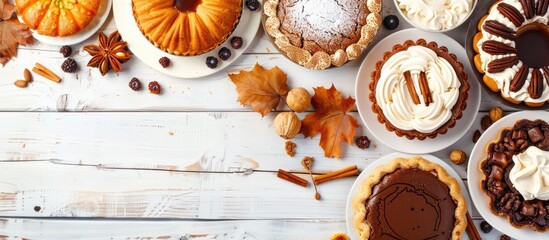Aufkleber - A variety of classic fall desserts arranged on a table scene with a white wood background in an overhead view, with ample copy space image.