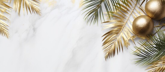 Aufkleber - Christmas and New Year decorations featuring golden glitter palm leaves on a light marble background, ideal for a festive flat lay with a designated copy space image.