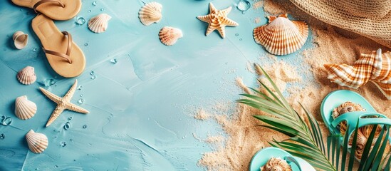 Aufkleber - Summer vacations flat lay with beach accessories. Slippers, sunscreen, seashells over beach towel background Travel, tourism concept. Top view. Copy space image. Place for adding text or design