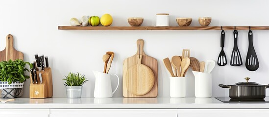 Aufkleber - Front view of a modern kitchen setting with various utensils on a white kitchen counter, providing an unoccupied area for text, ideal as a copy space image.