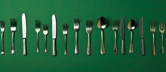 Leinwandbilder - Top view of various cutlery on a green backdrop with copy space image.