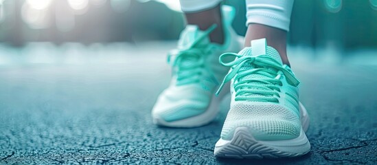 Poster - Close up image of stylish mint-colored running shoes, encouraging a daily running routine for a healthier lifestyle with copy space image.