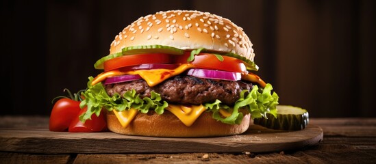 Poster - Close-up photo of a classic homemade cheeseburger with beef and veggies on a wooden surface, ideal for adding text or other elements - copy space image.