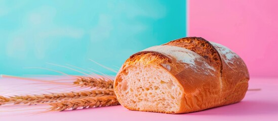 Fototapete - bread on a pastel background Food  Isolated  Gold  pastel  Bread, Wheat, Healthy, Bakery, Dinner, Pastry, Baked, Cereal, Flour, Yeast, Carbohydrates, Golden, Crust, Loaf, Keywords, Copy, Whole,