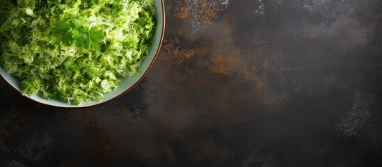 Leinwandbilder - Top view of a bowl containing a salad with savoy cabbage and green onion, with an empty space for text or other elements in the picture. with copy space image. Place for adding text or design