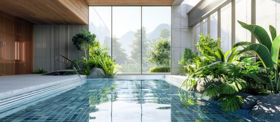 Leinwandbilder - Architecture, house with garden, Indoor swimming pool. with copy space image. Place for adding text or design