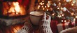 © vxnaghiyev - Relaxation with cup of coffee near fireplace. Woman resting with hot drink during christmas holiday. with copy space image. Place for adding text or design