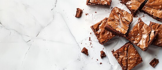 Poster - Top view of delicious homemade chocolate brownies on a white surface with copy space image.