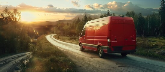 Poster - delivery van on a road during delivery. Copy space image. Place for adding text or design