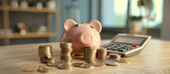 Poster - A finance-themed setup on a wooden table with stacked coins, a calculator, a piggy bank, and space for additional images.