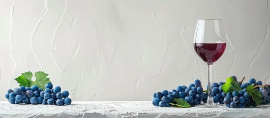 Poster - Red wine glass and blue grapes with leaves on white wooden table with copy space image.