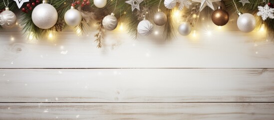 Poster - Festive Christmas setup with vintage ornaments on a white wooden backdrop, ideal for adding text with copy space image.