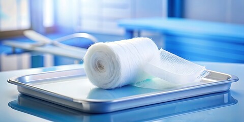 A roll of sterile white gauze lying on a blue medical tray with a few loose strands unwound, against a blurred hospital background.