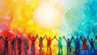© iri.madrid.art - International Youth Day Celebration. Horizontal banner. Watercolor. Silhouettes of cheerful young people holding hands on a multi-colored background. Friendship, youth concept. Free space for text