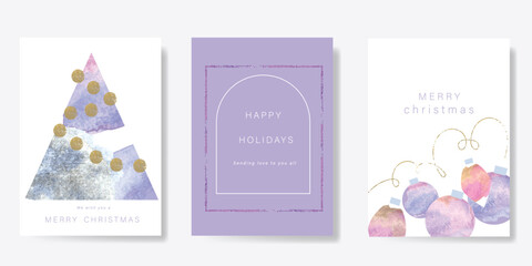 Canvas Print - Merry christmas and happy new year holiday cover template vector set. Decorative with watercolor christmas tree, wire light on purple background . Design for card, greeting, wallpaper, poster.