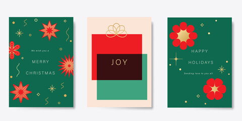 Canvas Print - Set of Merry christmas background cover vector. Elements of christmas gift, firework, snowflake, red flower on green and beige background. Design for flyer, greeting card, poster, advertising.