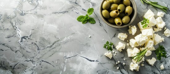 Poster - Feta cheese with olives and green herbs on gray marble background. Copy space image. Place for adding text or design