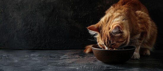 Poster - A ginger cat enjoying its meal from a bowl with a banner displaying copy space image.