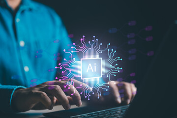Poster - AI technology power, Artificial Intelligence. Man use computer laptop with smart robot A.I. big data, artificial intelligence by enter command prompts to generate something, Futuristic transformation.