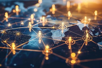 Poster - Global business technology management network connecting people for teamwork and analysis.