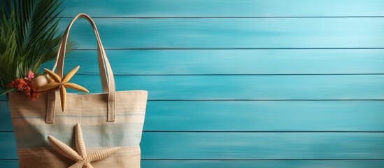 Aufkleber - A summer-themed composition featuring a turquoise background on wooden planks adorned with a starfish, beach bag, sand, and a palm tree's shadow, creating a serene vacation ambiance. Copy space image