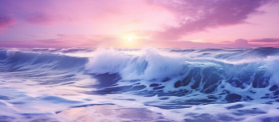 Aufkleber - Violet light reflects on sea waves creating a serene scene with a backdrop of the sea; ideal for a copy space image.