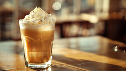 Wall Mural - Close-up of a glass of iced coffee topped with whipped cream and cinnamon, sitting on a wooden table in a cafe