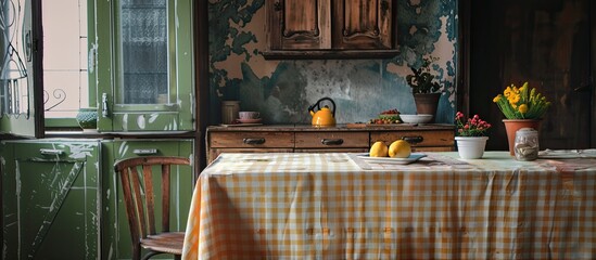Aufkleber - kitchen place and tablecloth and kitchen desk . with copy space image. Place for adding text or design