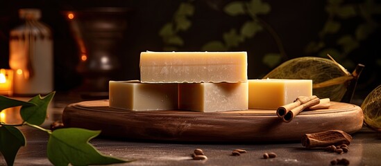 Aufkleber - Low light ambiance highlights handmade vegan soap in image with blank copy space for added appeal.