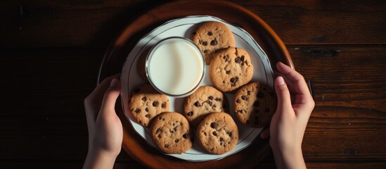 Fototapete - Enjoying cookies and milk from a top-down perspective with copy space image.