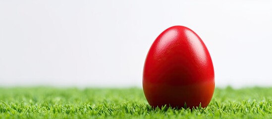 Poster - A red Easter egg is placed on vibrant green artificial grass against a white background with room for text or an image. with copy space image. Place for adding text or design
