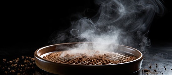 Fototapete - Selective focus on rustic sieve with smoke: Roasted coffee on black backdrop in a visually appealing copy space image.