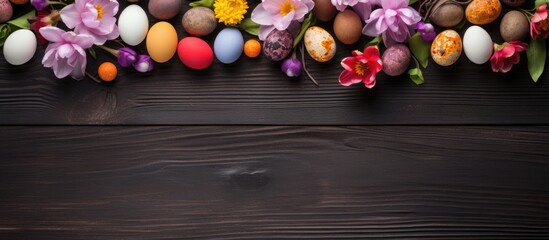 Poster - Vibrant Easter eggs and spring blooms on dark wood backdrop, with copy space image along the bottom edge in top-down view.