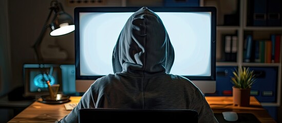Poster - Hooded man in front of computer with a blank screen, hacking online server. He is programming malicious software, cracking passwords, while gazing at the white display space image at night